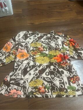 Jane Ashley Floral Contrast Long Sleeve Top in Brown, White & Orange